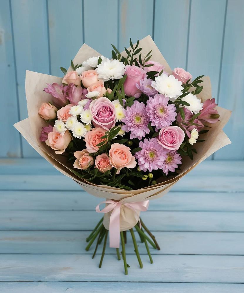 Букет цветов из: Хризантемы, Розы и Альстромерии в Дубровке