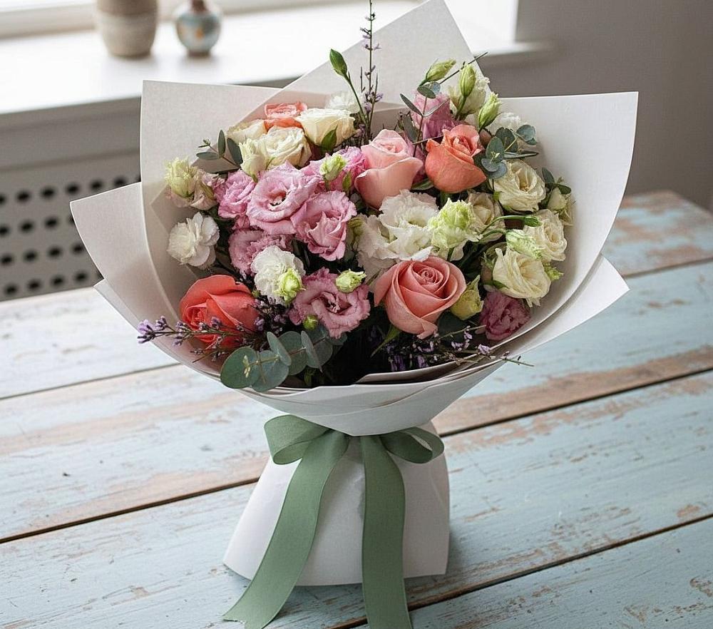 Букет цветов из: Розы, Лизиантусы и Гвоздики в Дубровке