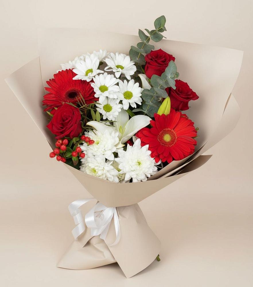 Букет цветов из: Розы, Хризантемы, Герберы и Лилии в Дубровке